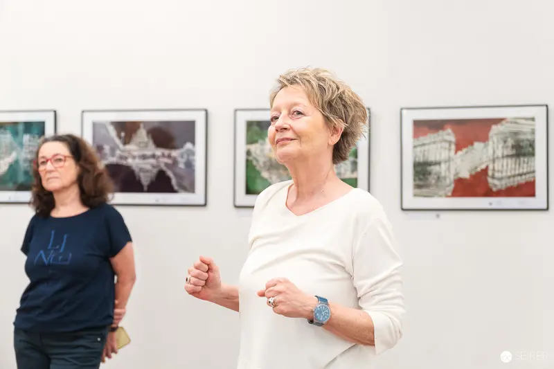 Two Women at "Ladypower" Exhibition Vernissage, Art Gallery Viewing