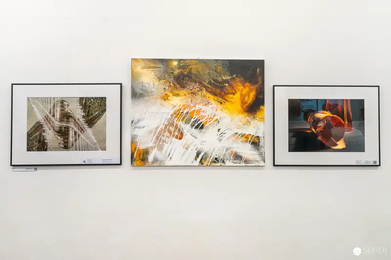 Contemporary Art Exhibition: Abstract Compositions in Yellow, White, and Dark Tones