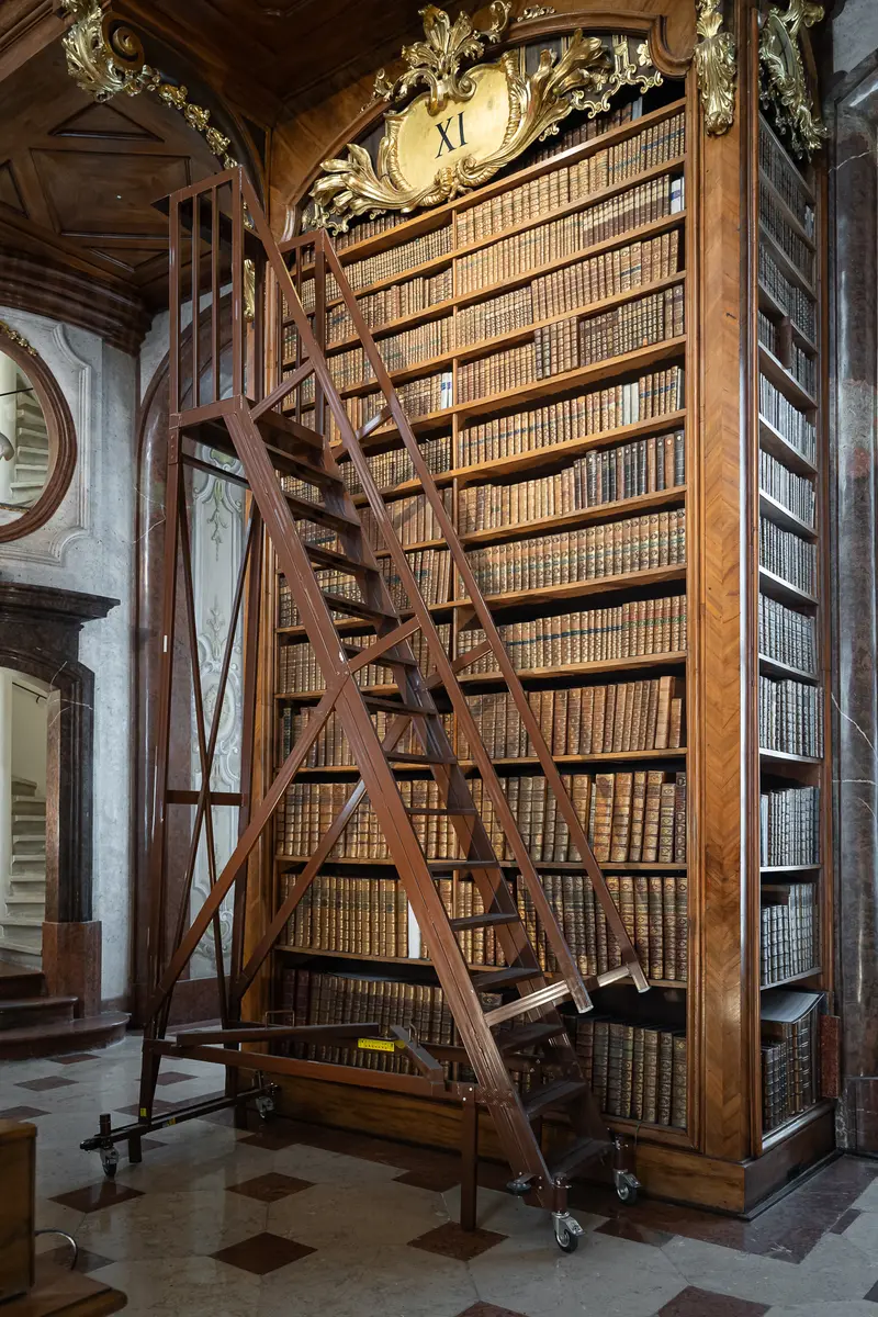 Historic Austrian Library Wooden Ladder Accessing Ornate Antique Book Collection