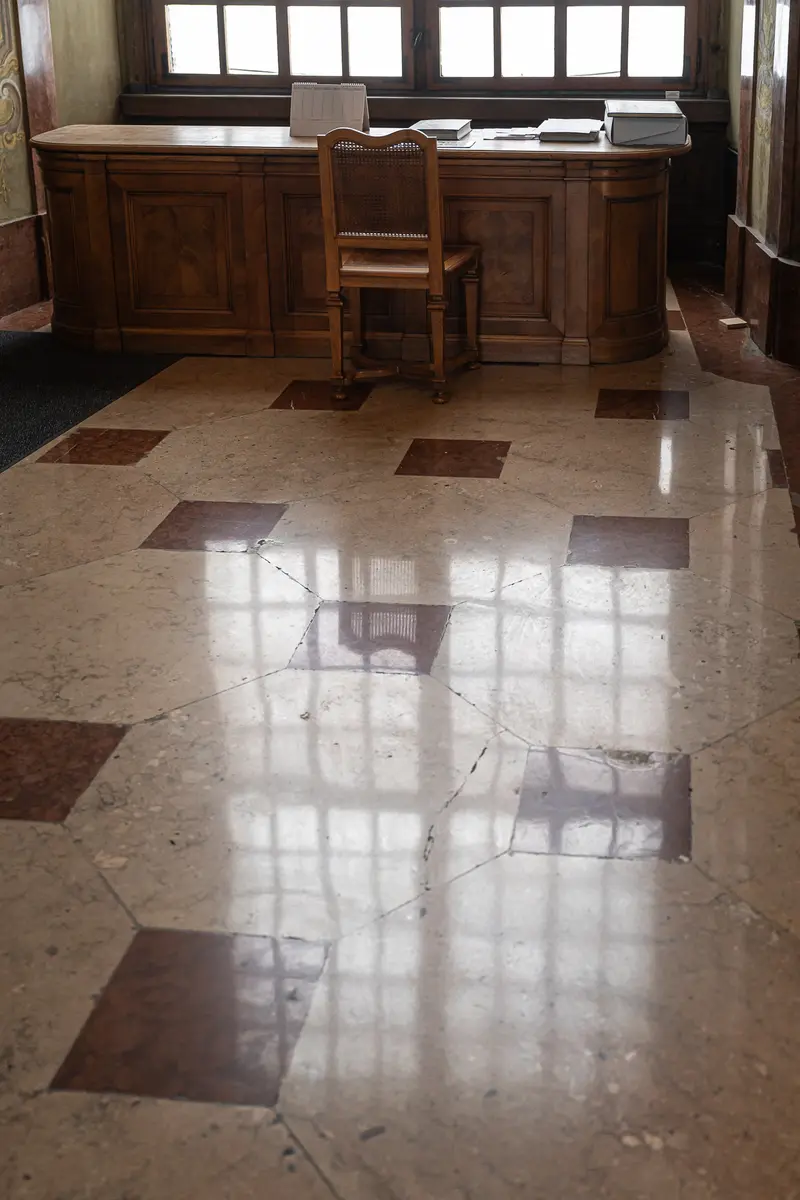 Reflective Marble Floor in Vintage Administrative Office Interior