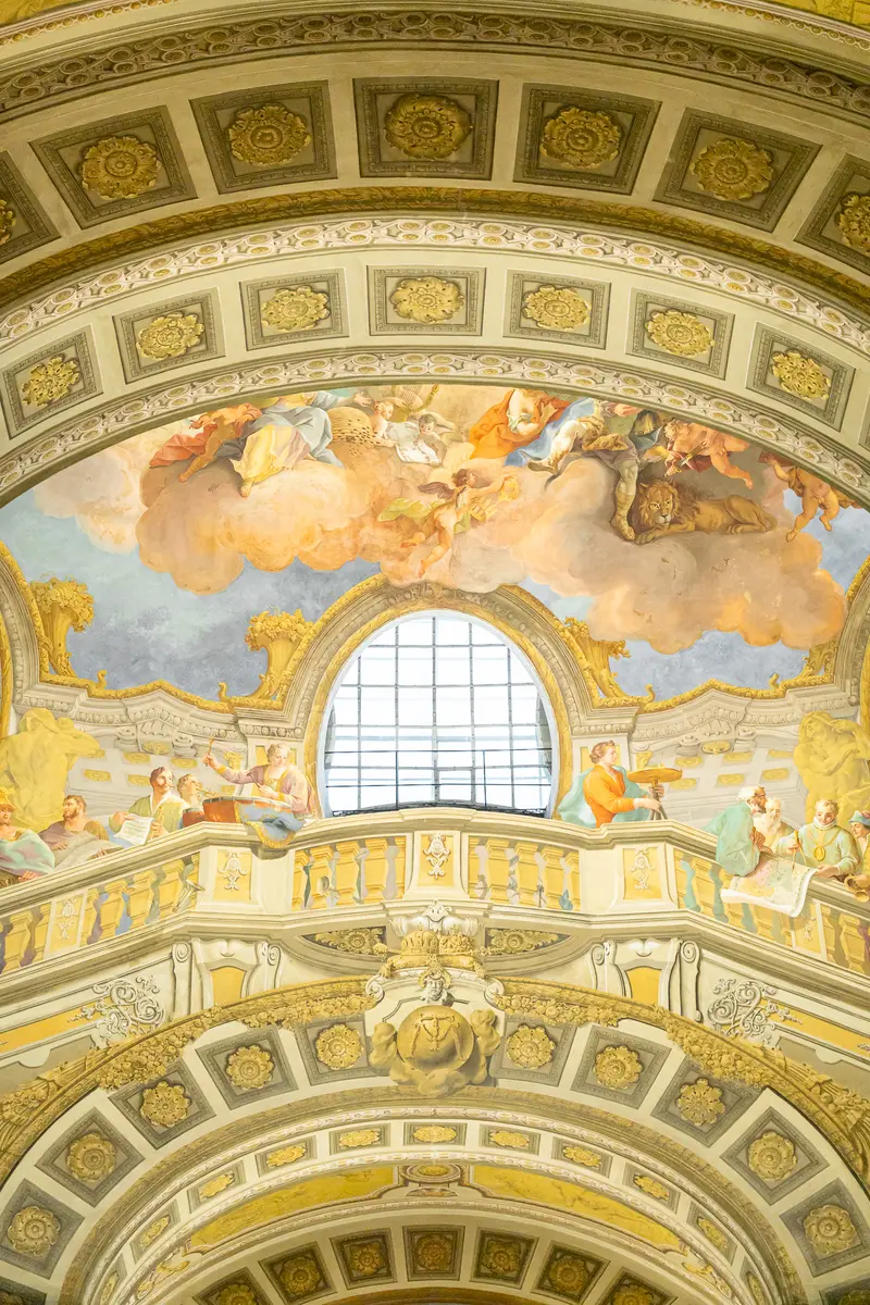 Ornate Baroque Ceiling Vault with Gilded Architectural Details and Fresco