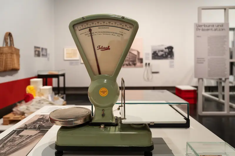 Vintage Green Ideál Scale at Museum Exhibition on Material Culture
