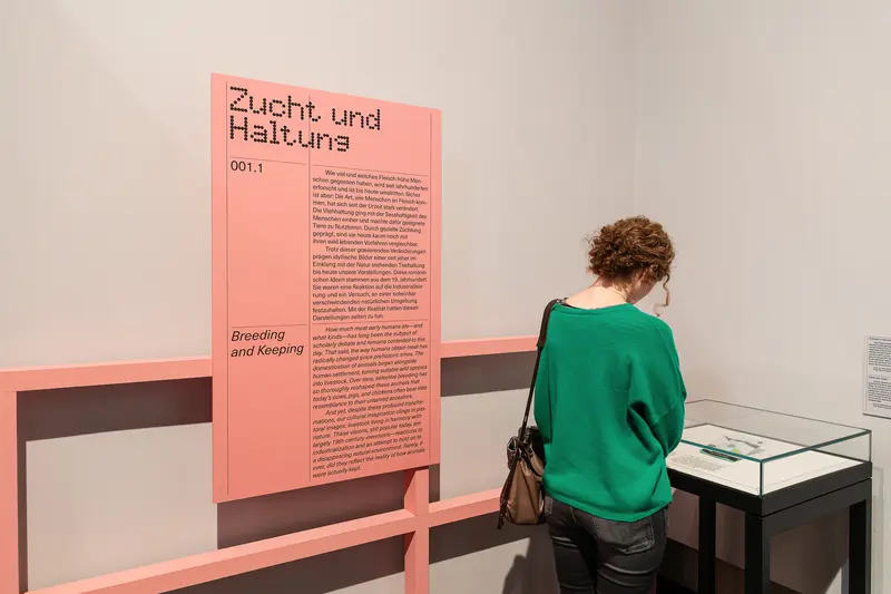 Visitor Examining "Breeding and Keeping" Exhibit at Wien Museum's Flesh Exhibition