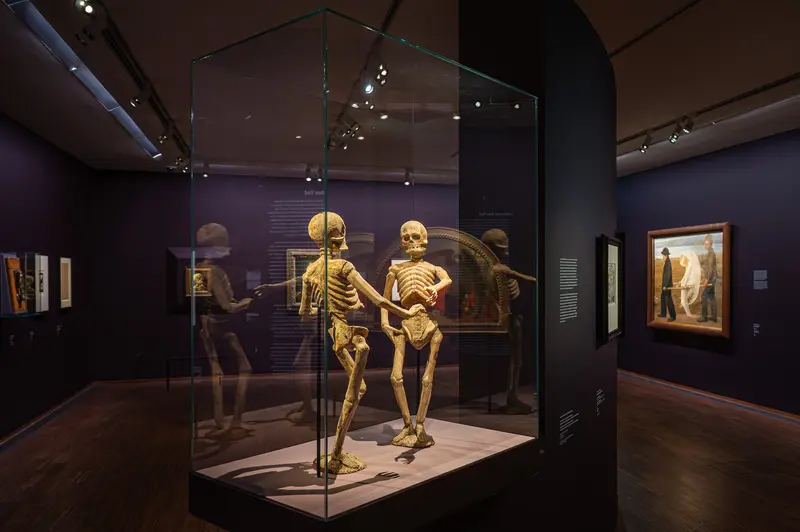 Human Skeletal Displays in Dark Museum Exhibition Gothic Modern