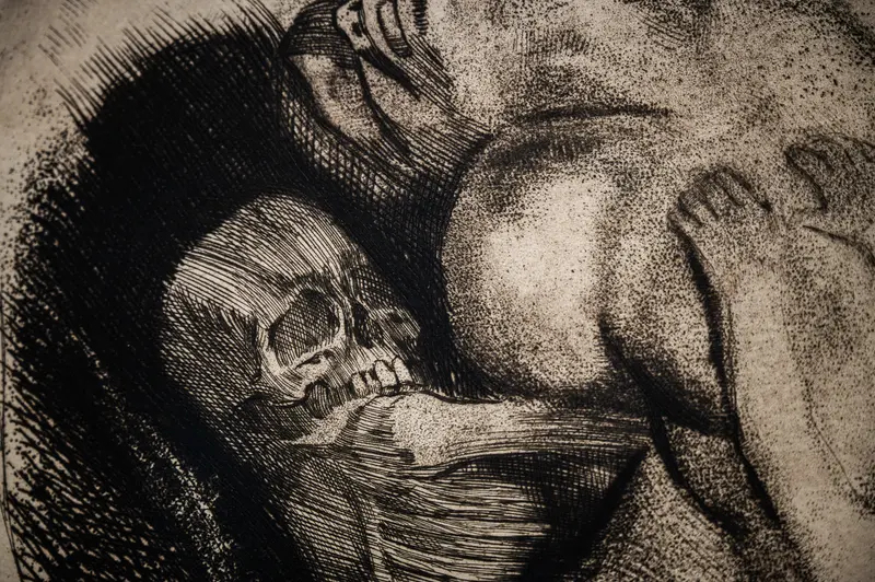 Haunting Skull Sketch in Monochromatic Gothic-Style Etching