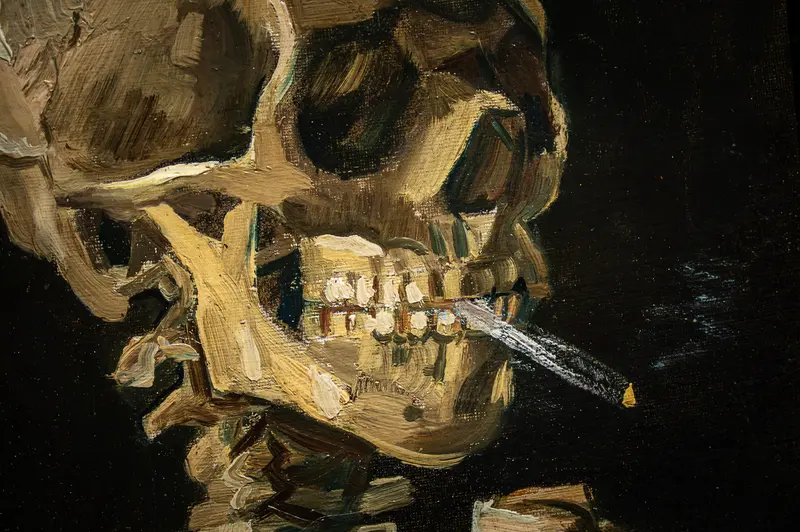 Skull with Cigarette, Impressionist Anatomical Study in Dark Palette