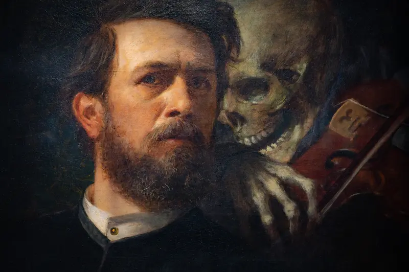 Haunting Self-Portrait with Skeleton and Violin in Gothic Modern Aesthetic