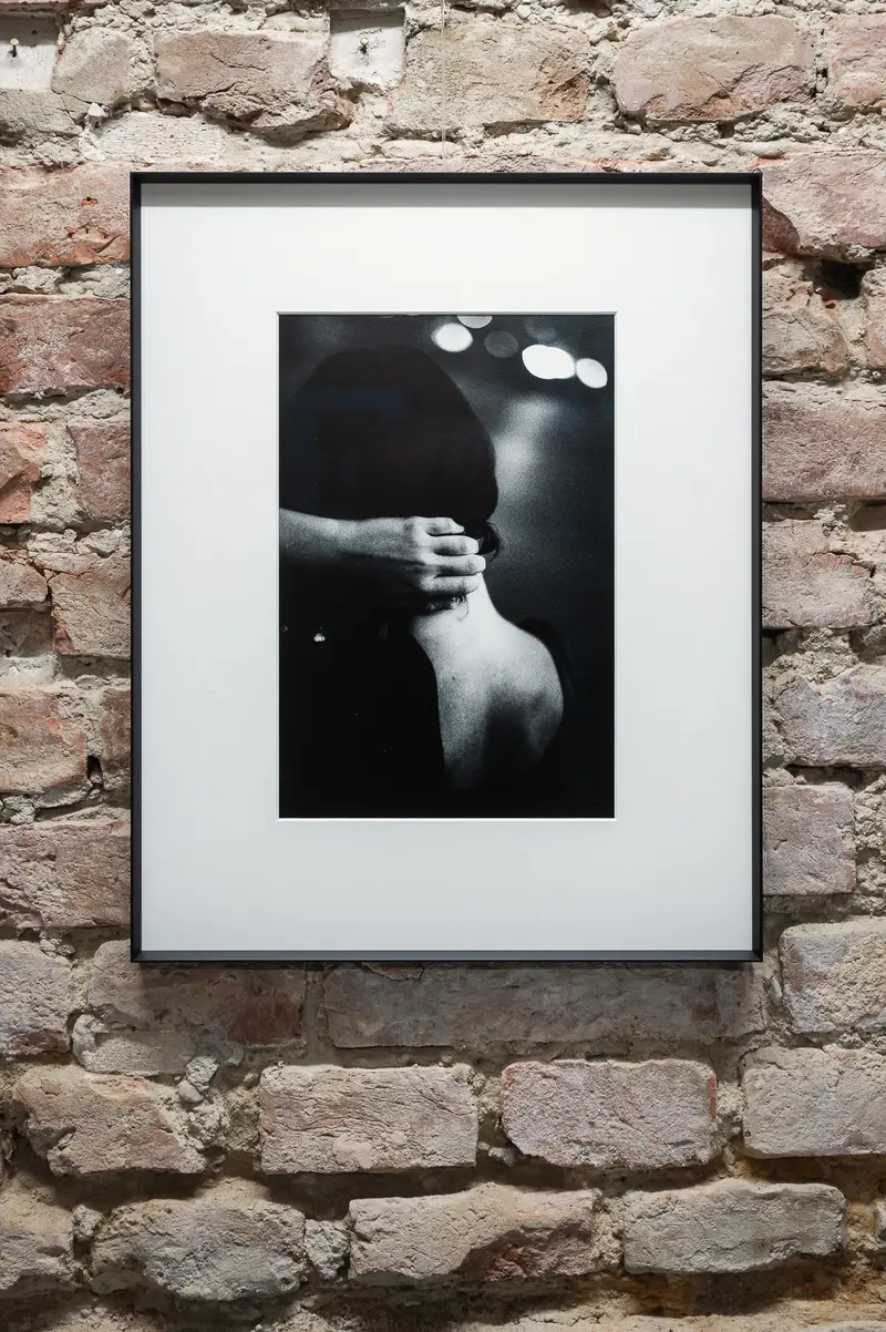 Intimate Black and White Photographic Portrait in Framed Exhibition