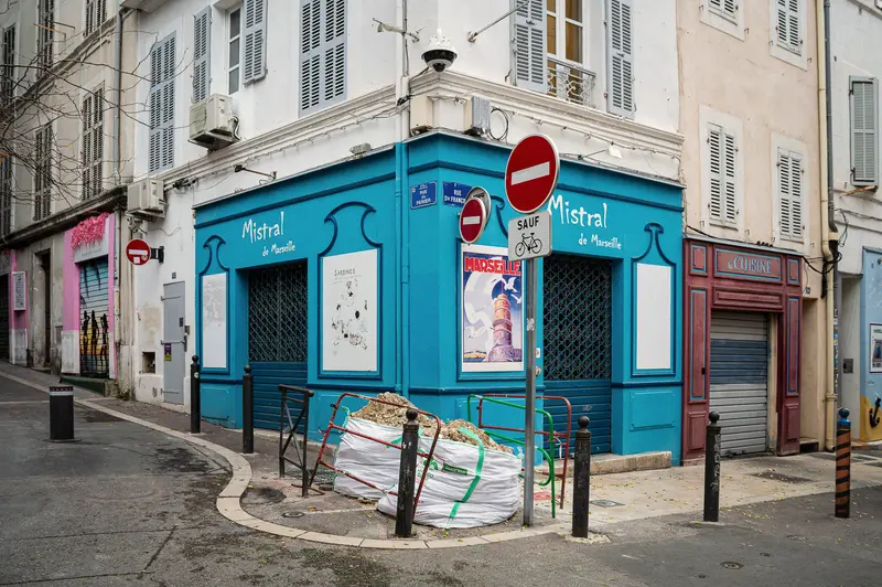 Blue Mistral Corner Store in Marseille Urban Streetscape