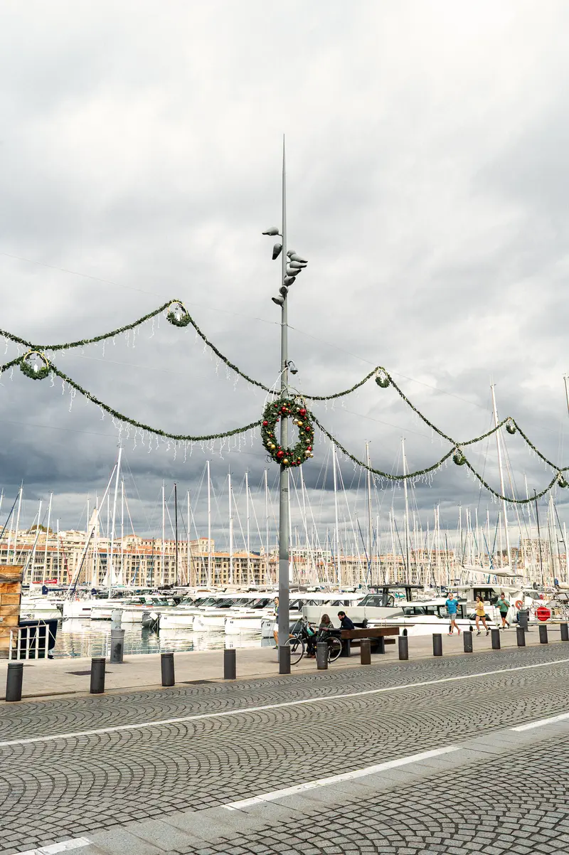 Holiday Decorations at Marseille Marina with Nautical Christmas Garlands