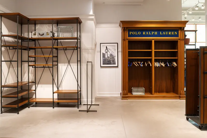 Polo Ralph Lauren Retail Display with Wooden Shelving and Clothing Rack