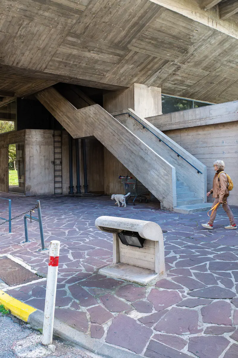 Concrete Architecture with Pedestrian and Small Animal Near Staircase