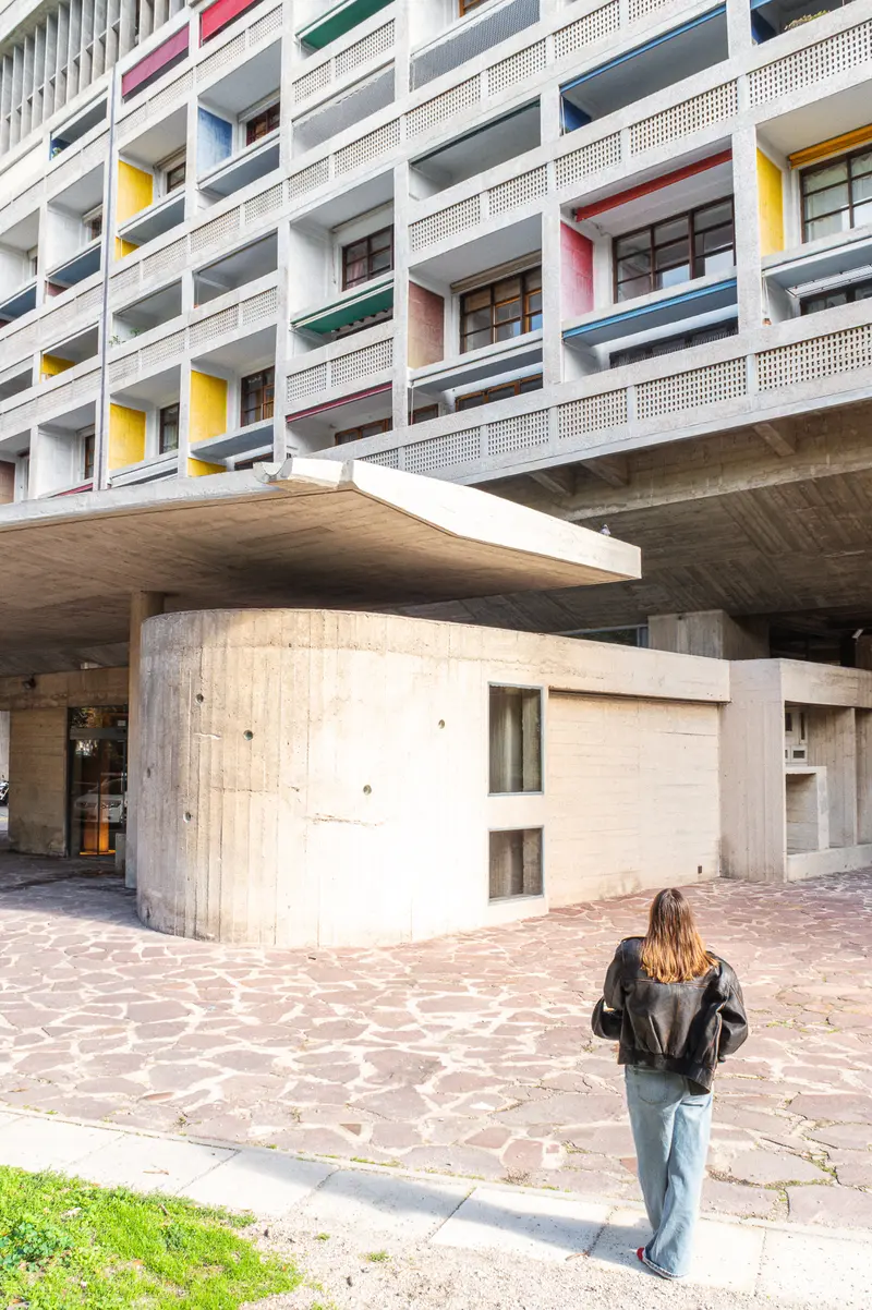 Colorful Modernist Architecture in Marseille with Pedestrian Walking