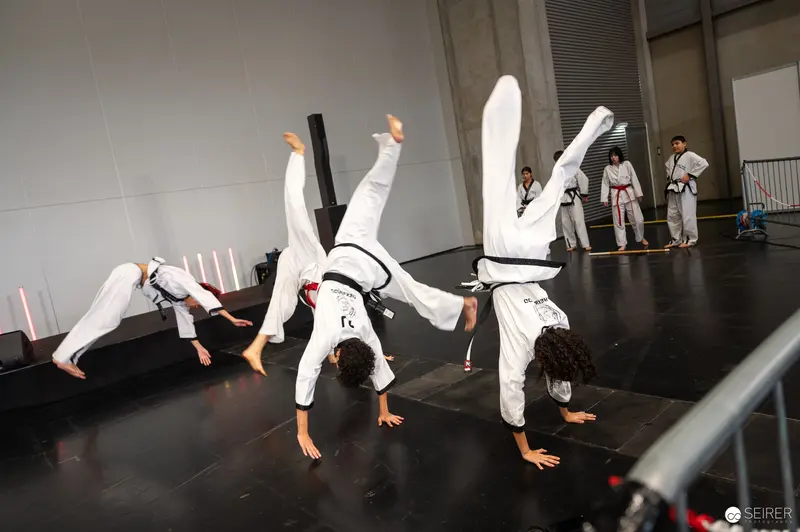 Taekwondo Athletes Performing Dynamic Cartwheels at Vienna ComicCon 2025