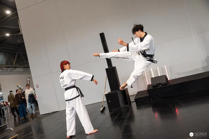 Taekwondo Athletes Demonstrate High-Kick Technique at Vienna ComicCon 2025