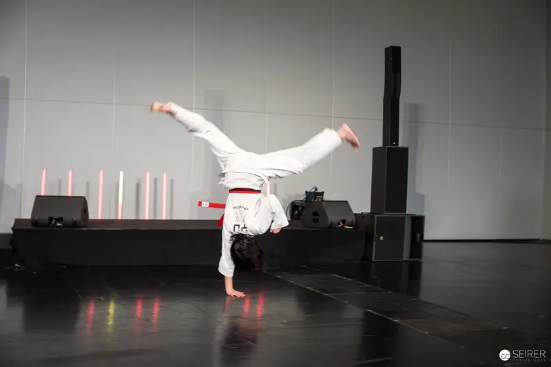 Taekwondo Performer Executing Dynamic One-Handed Handstand at Vienna ComicCon 2025