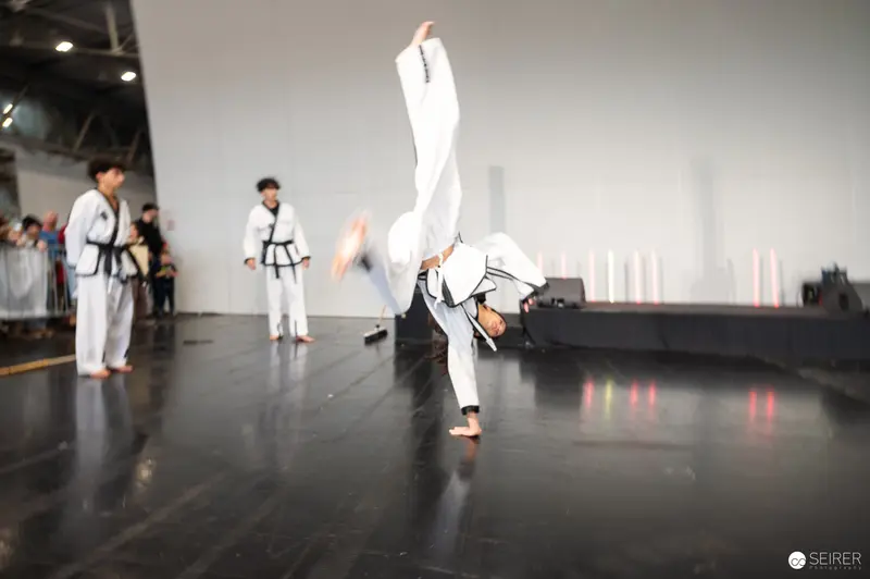Taekwondo Martial Artist Performing Dynamic Aerial Kick at Vienna ComicCon 2025