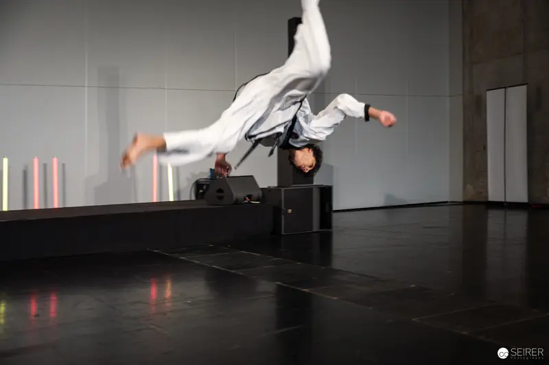 Aerial Taekwondo Performer Mid-Flight at Vienna ComicCon 2025