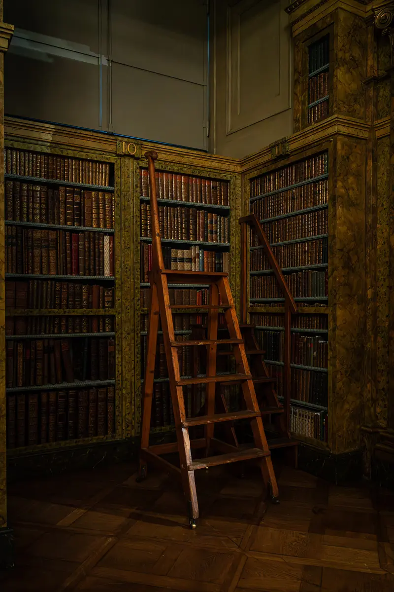 Historic Library Interior with Wooden Ladder and Floor-to-Ceiling Bookshelves