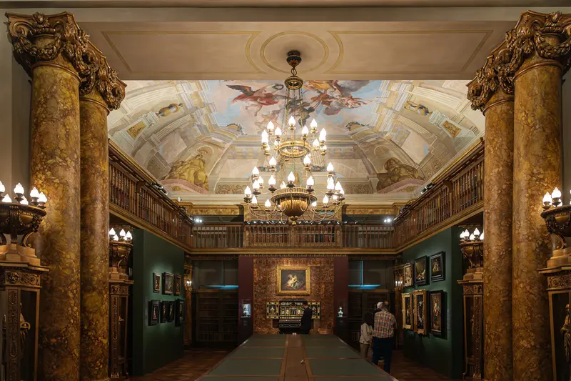 Ornate Palace Gallery with Frescoed Ceiling and Crystal Chandelier