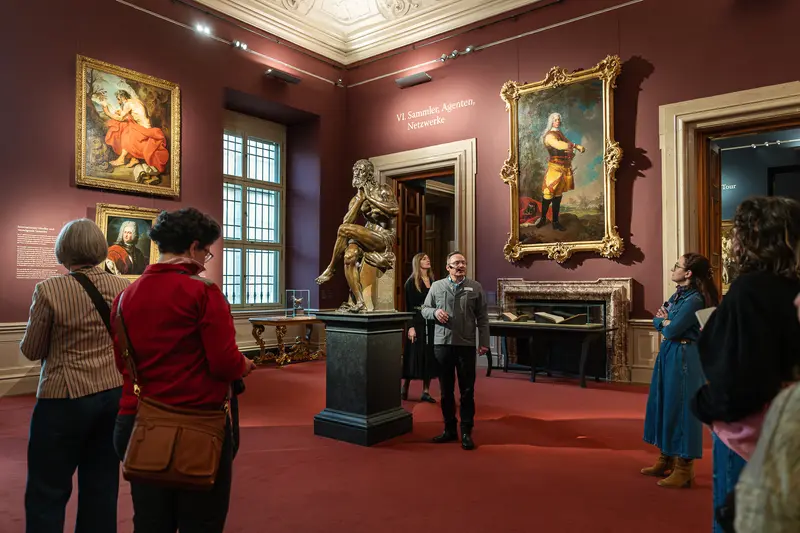 Museum Gallery Tour with Visitors Viewing Classical Paintings and Sculpture