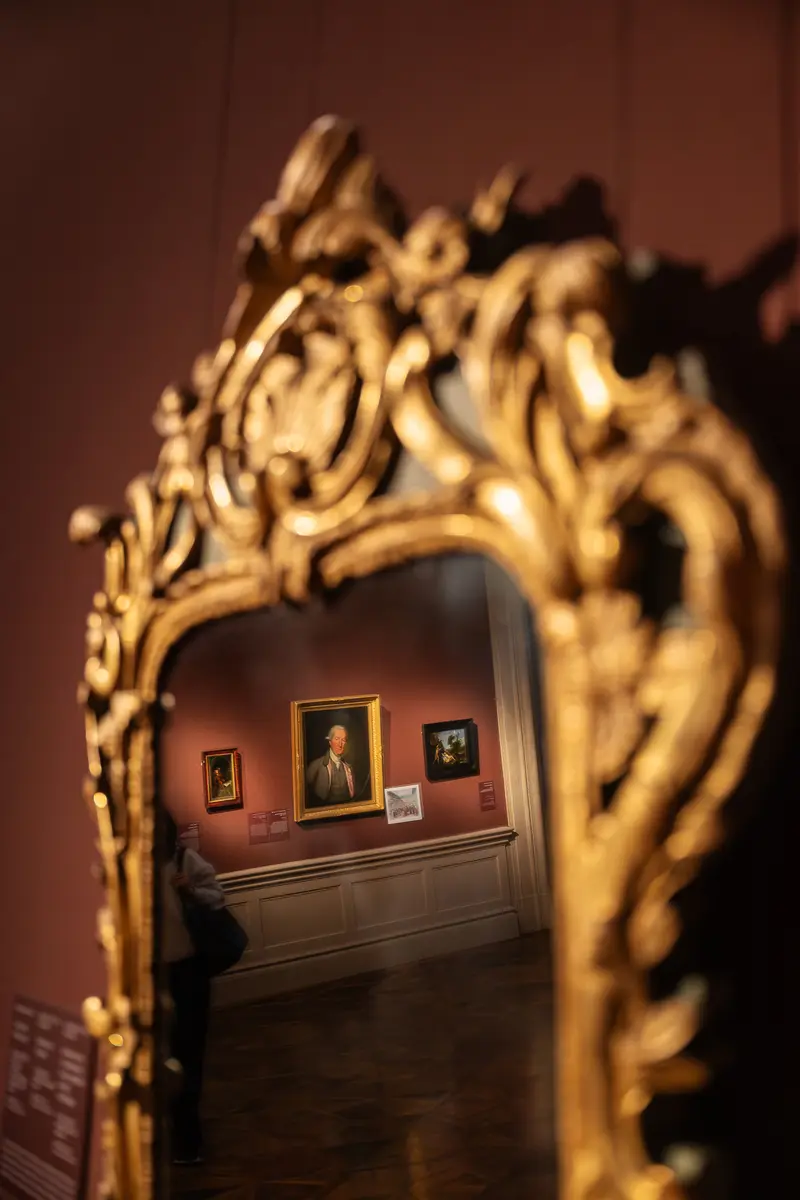 Ornate Golden Frame Viewing Gallery Interior with Paintings