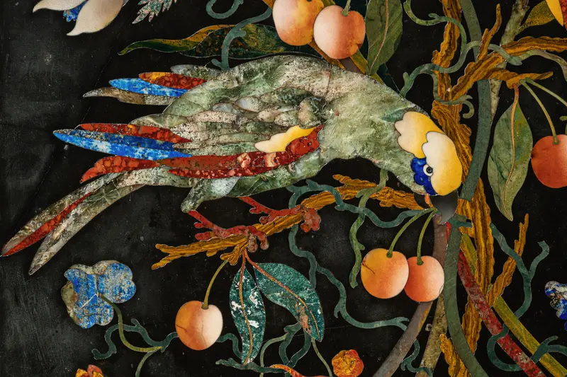 Detail of Badminton Cabinet - Ornate Lizard Illustration Surrounded by Botanical Elements and Fruits