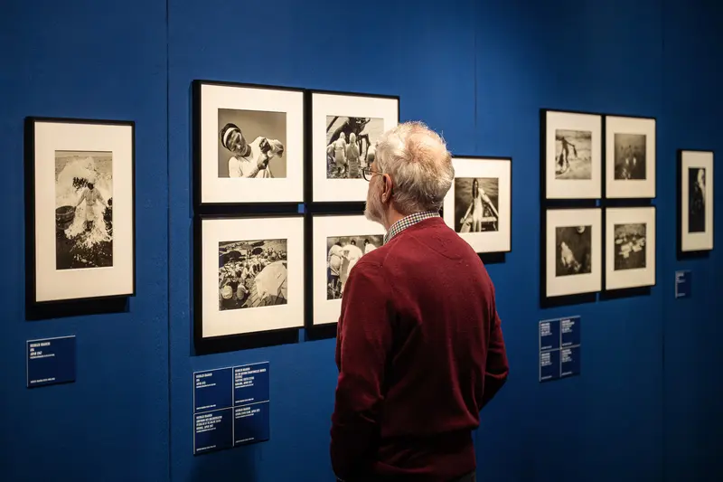 Visitor Examining Framed Photographs in Museum Exhibition