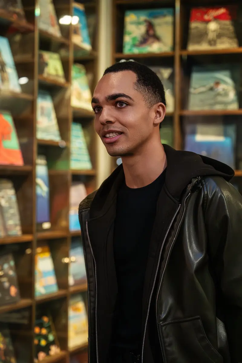 Young Man in Black Leather Jacket at Bookstore Display