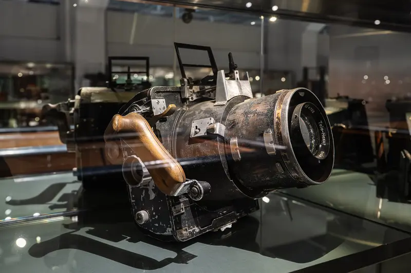 Vintage Camera Engine on Museum Display Pedestal