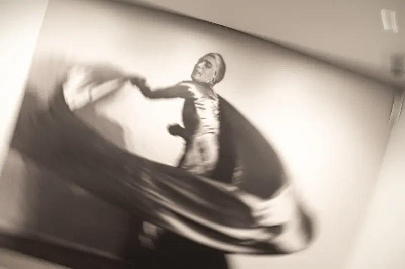 A performer wearing a dark cape executes an expressive gestural pose at the Tanzbild exhibition at Albertina Modern in Vienna, April 2026. The figure extends one arm upward while the cape's fabric creates dynamic flowing lines across the composition, captured in black and white by photographer Michael Seirer. The theatrical staging emphasizes the sculptural quality of the draped garment and the performer's gestural intensity.