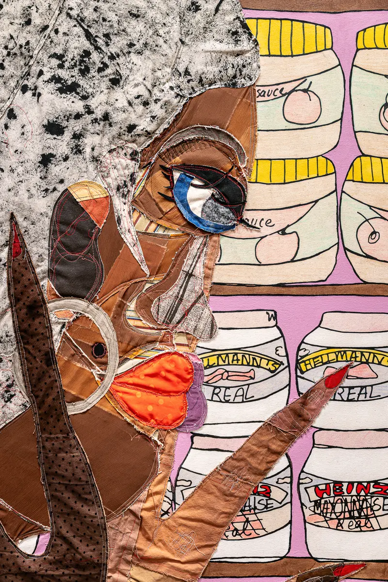 Fabric-Collage Portrait with Canned Food Labels at KAWS Exhibition, Albertina Modern
