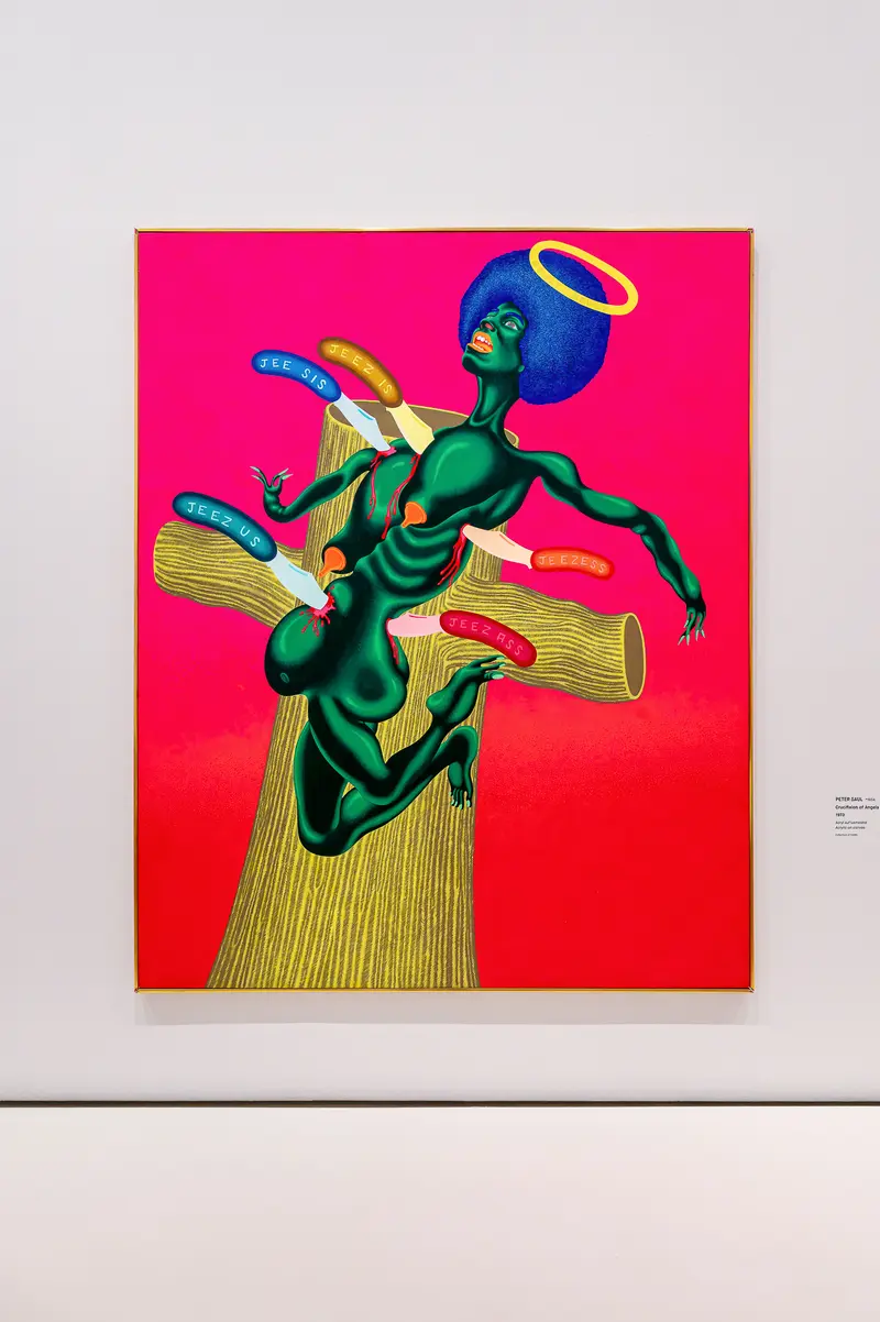 Contemporary Painting with Green Figure and Yellow Drapery on Pink Background