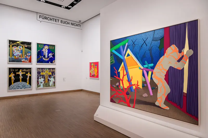 Installation view with 'FÜRCHTET EUCH NICHT!' banner at Albertina Modern Vienna