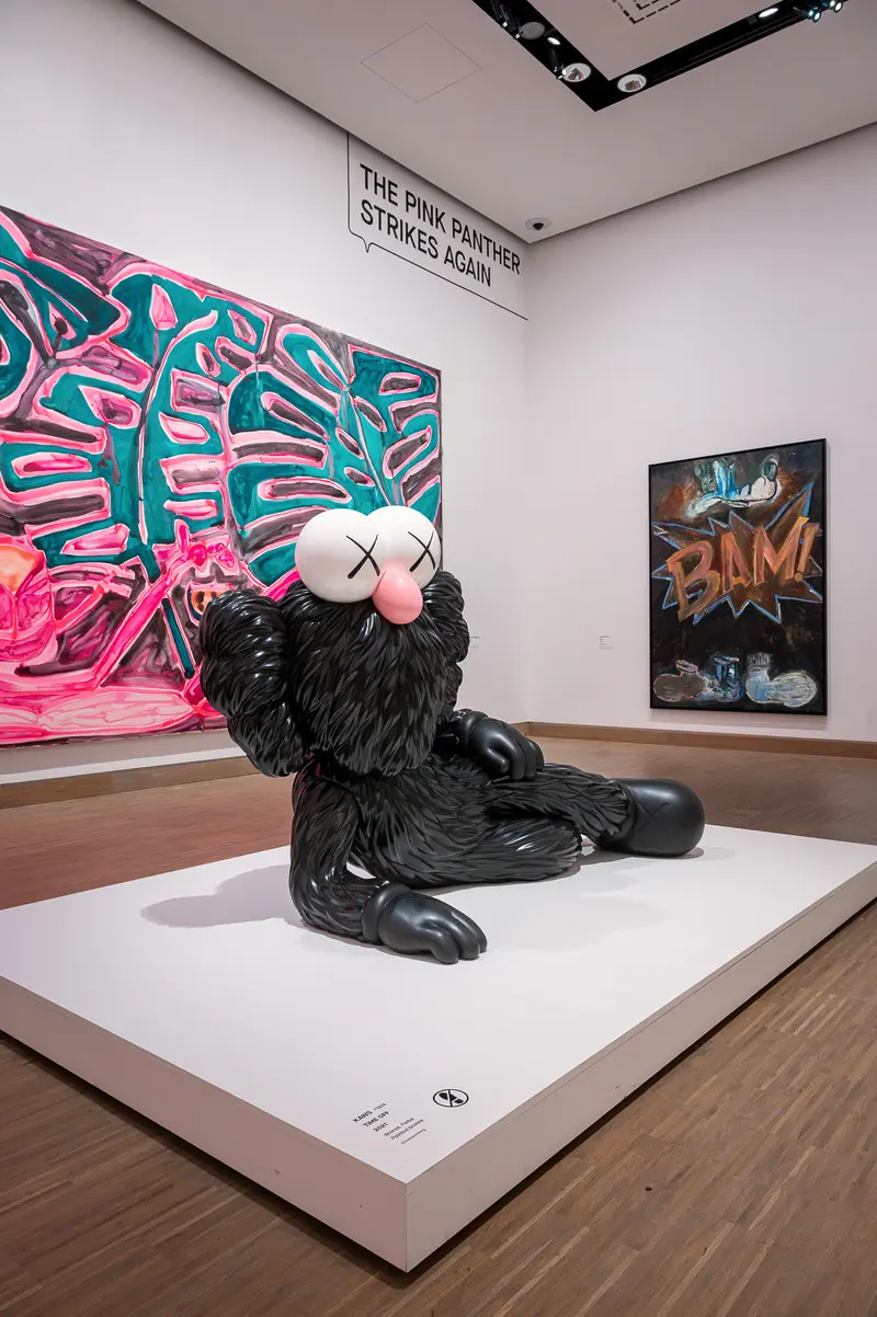 KAWS BFF Sculpture with Katherine Bernhardt Pink Panther Paintings at Albertina Modern