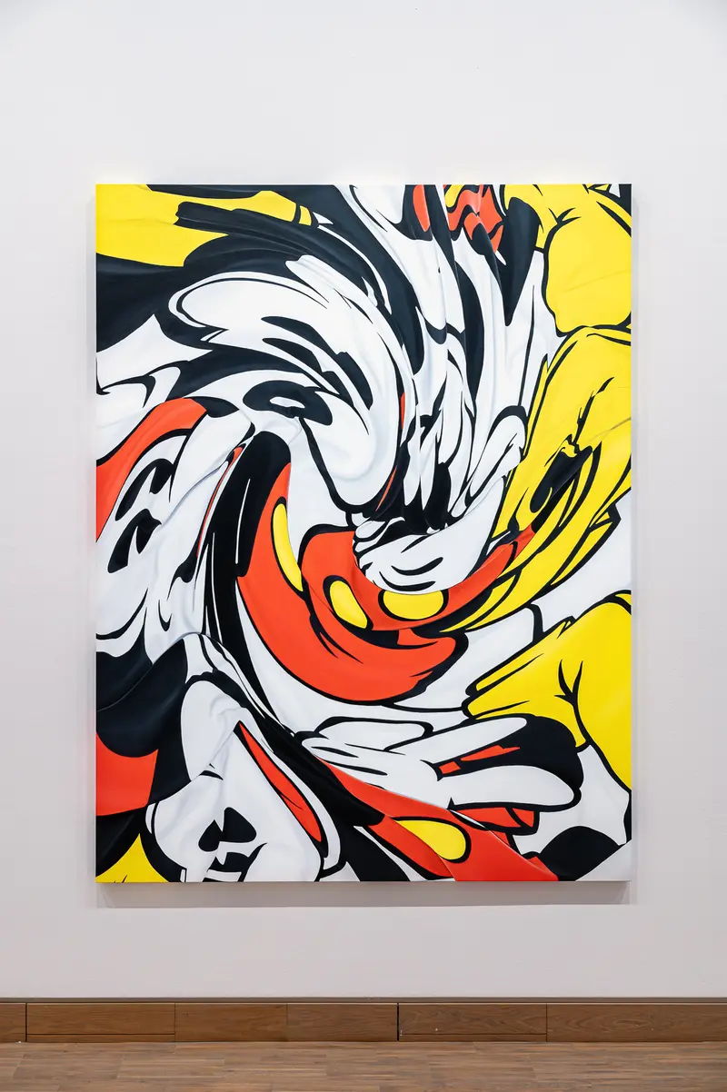 Abstract painting with yellow, white, red, and black swirling forms on gallery wall