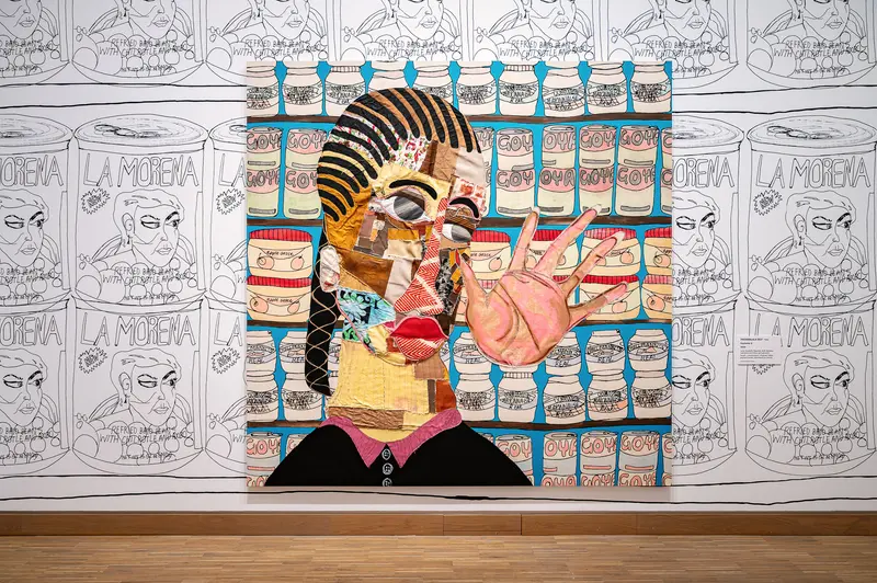 Large Textile Collage Portrait on La Morena Can-Pattern Wallpaper, Albertina Modern Vienna