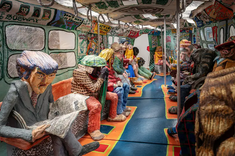 Interior of 'Ruckus Manhattan: Subway' with Papier-Mâché Passengers and Graffiti