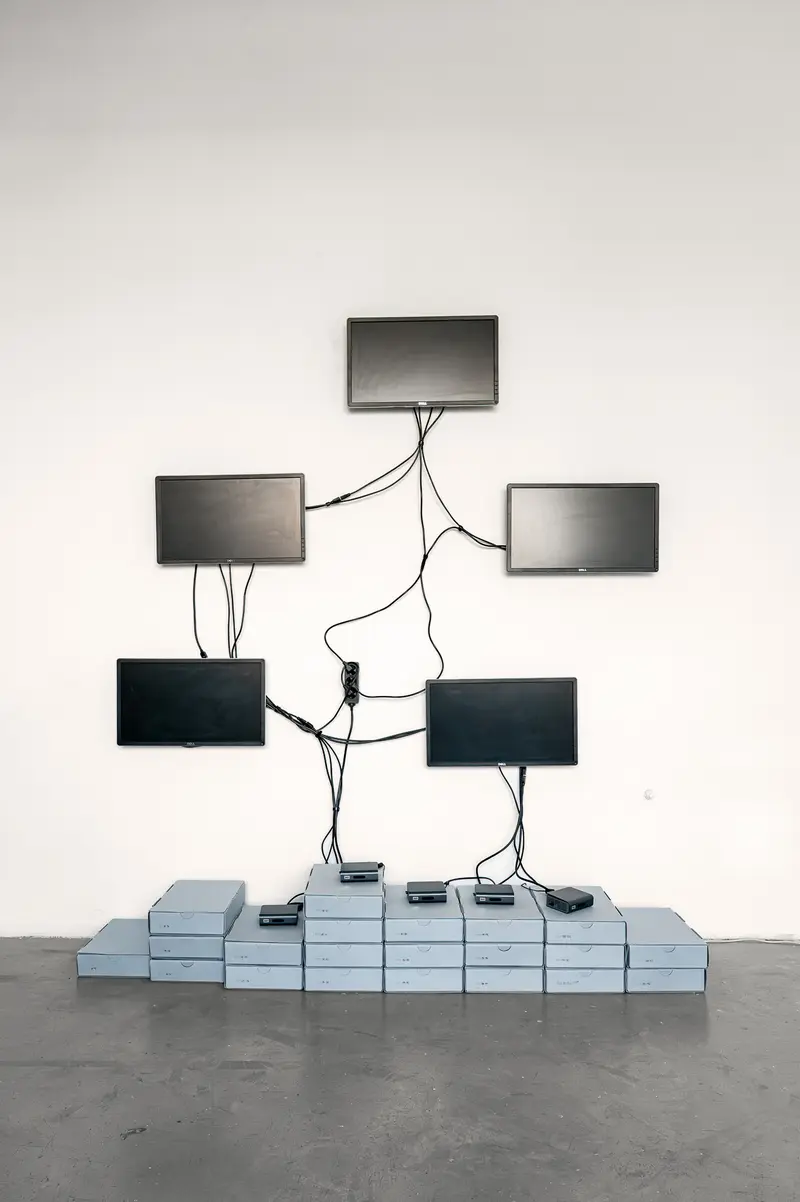 Stacked Media Installation with Branching Monitor Structure, Polyphonic Archive 2026