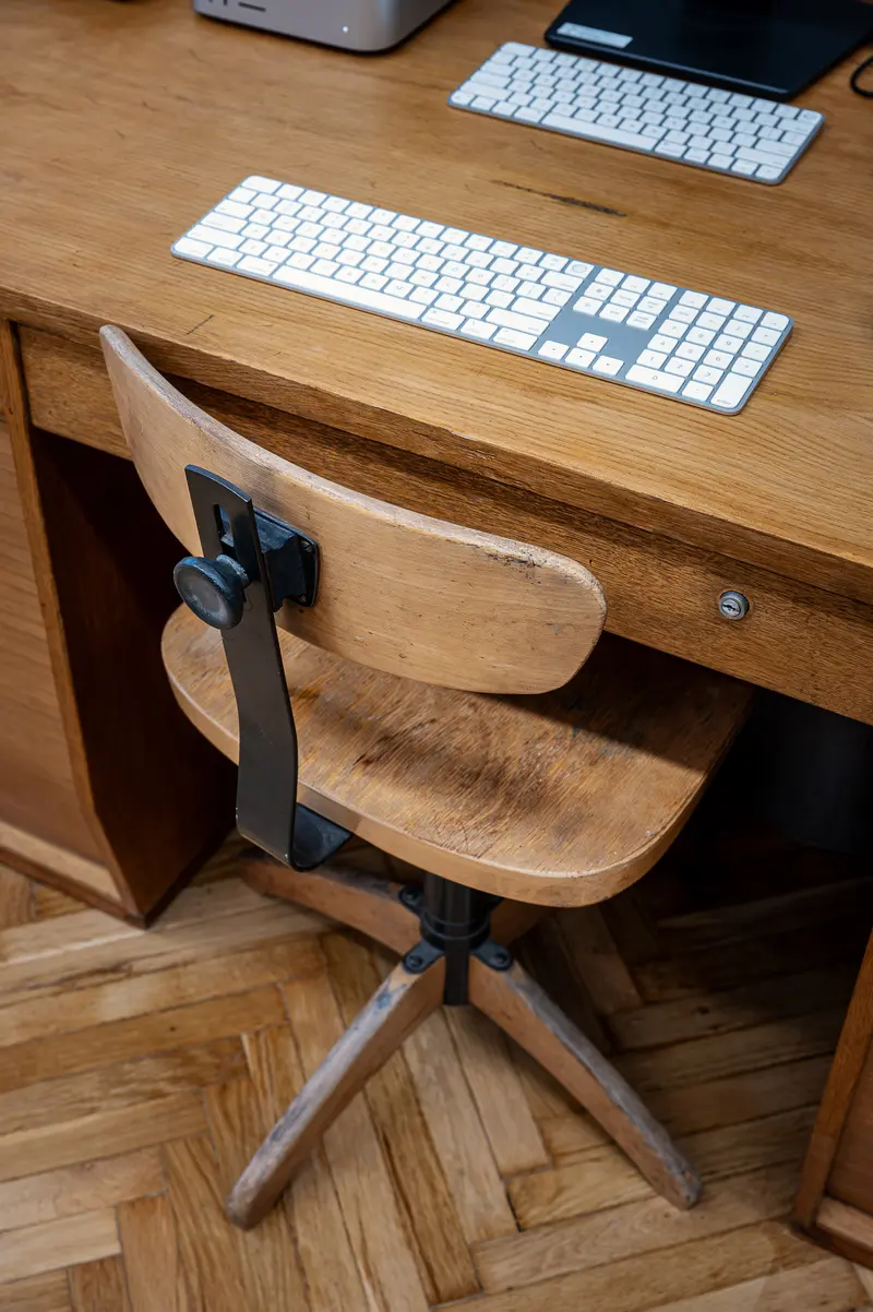 Wooden Desk Chair and Computer Workspace Setup