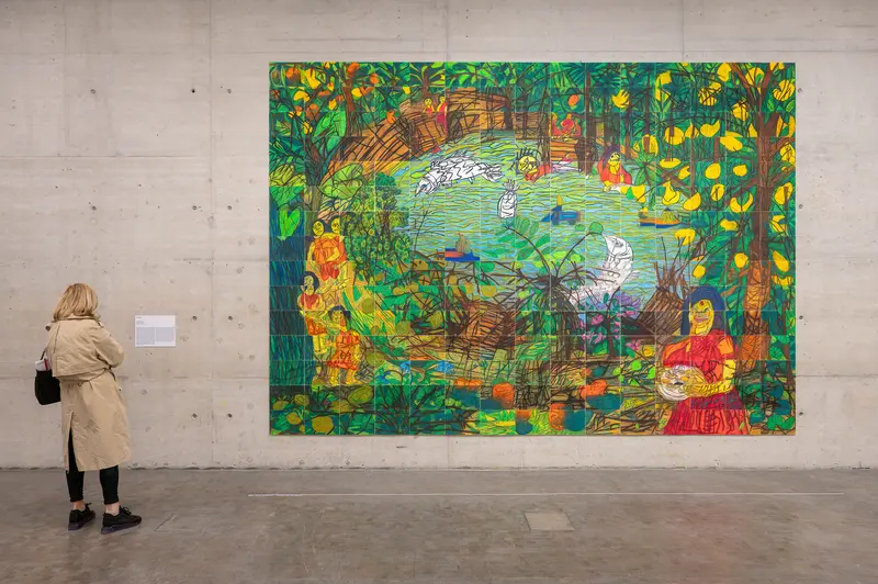 Visitor Viewing Large-Scale Colorful Abstract Painting in Modern Gallery