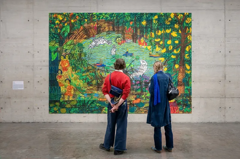 Visitors Viewing Large-Scale Pastoral Painting at Kunsthalle Wien Exhibition Opening