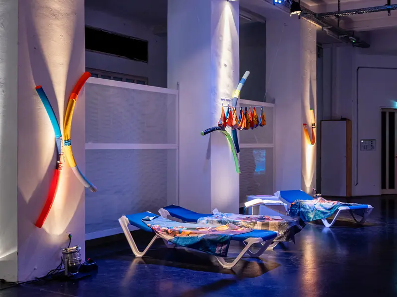 Contemporary Neon Light Installation with Sculptural Furniture Display