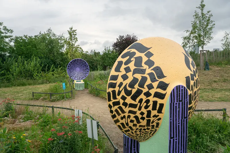 Yellow Egg Sculpture with Black Geometric Patterns, Bank Austria Park Wien-Floridsdorf