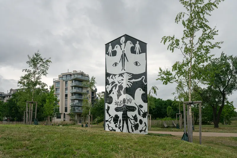 Black and White Mural Tower, Bank Austria Park, Vienna-Floridsdorf
