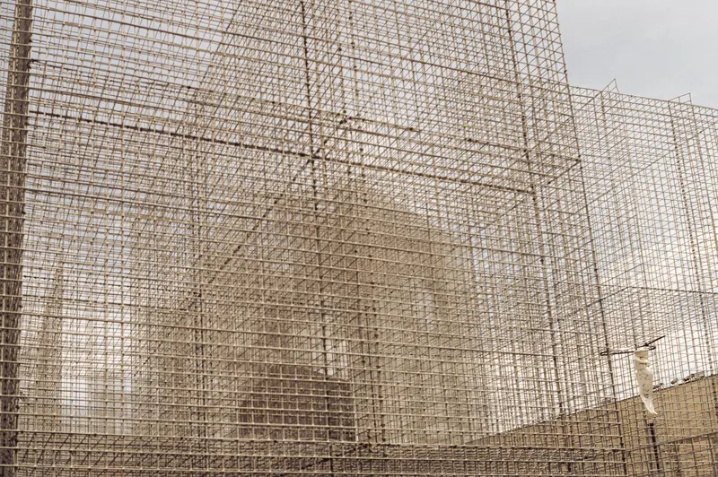 Large-Scale Wooden Scaffolding Structure Under Construction
