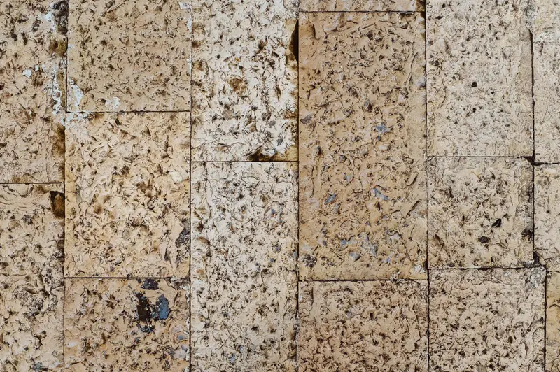 Cork Flooring in Herringbone Pattern with Visible Wear and Texture
