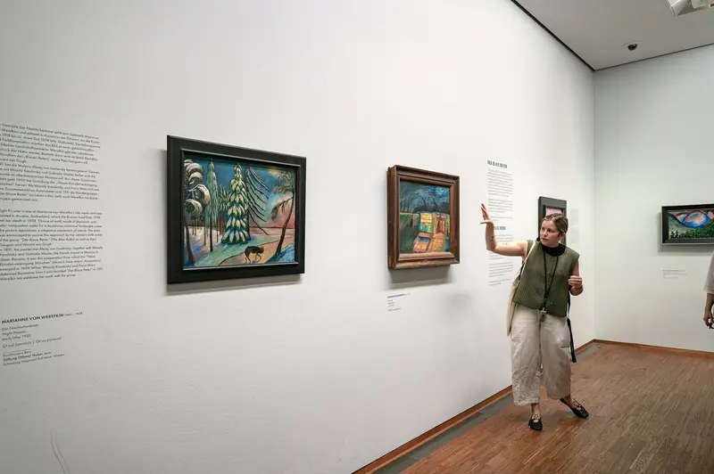 Visitor Viewing Expressionist Paintings in Contemporary Art Gallery