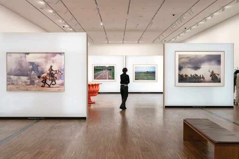 Gallery Visitor Viewing Landscape and Historical Paintings in Modern Museum