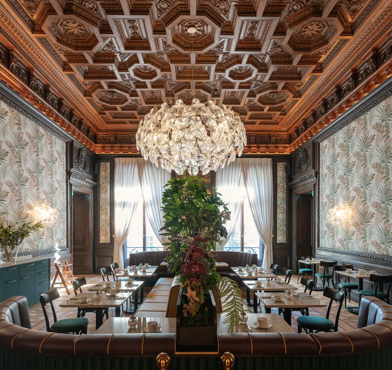 Palais Chotek Dining Room with Ornate Ceiling and Crystal Chandelier